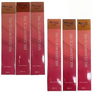 Base Líquida Matte Oil-Free Max Love Cores Médias e Escuras 101 ao 109 – Kit c/ 06 unid