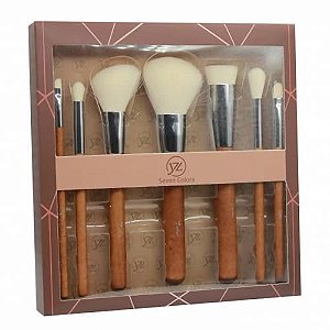 Kit com 7 pincéis de Madeira para Maquiagem Seven Colors SV-09