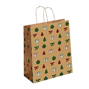 Sacola de Papel Kraft  Natal Presente ( 18x25x10 -  30unid ) - Modelo N01 -P2