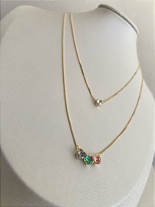 Colar Duplo Pingente Strass Coração Dourado Premium