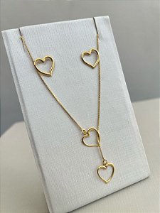 Conjunto Colar Brinco Coração Dourado Premium