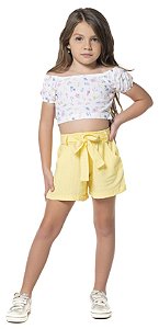 Conjunto Infantil Feminino com Cropped Floral Amarelo