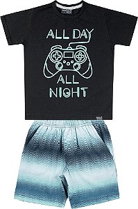 Conjunto Infantil Masculino Camiseta e Bermuda Microfibra Game Neon