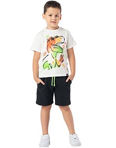 Conjunto Infantil Masculino Camiseta Meia Manga Dino e Bermuda Vrasalon
