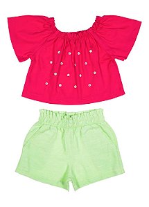 Conjunto Infantil Feminino Blusa Pink Bordada e Short