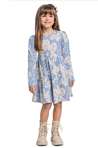 Vestido Infantil Manga Longa Floral Azul