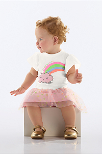Conjunto Bebê com Blusa e Saia em Tule (Off White) Quimby