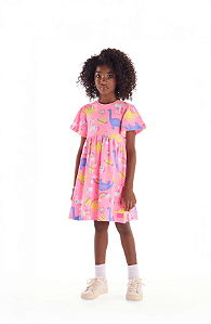 Vestido Infantil em Cotton Dinos e Unicórnios (Rosa) Quimby