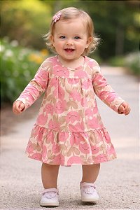 Vestido Bebê Manga Longa Flores Rosa