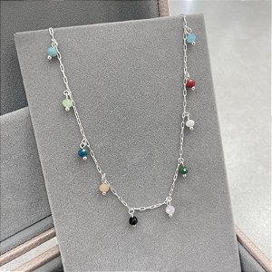 Choker em Prata com Pedrinhas Coloridas Penduradas