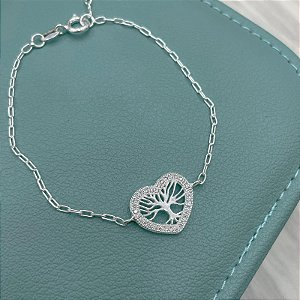 Pulseira em Prata Cravejada de Coração com Árvore da Vida