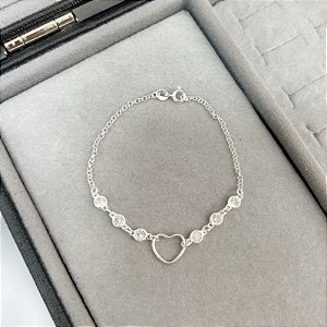 Pulseira Prata Coração Vazado com Pedras