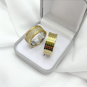 Alianças 9mm Cravejada Reta Friso Estilo Bvlgari Moeda Antiga com Aço Inox