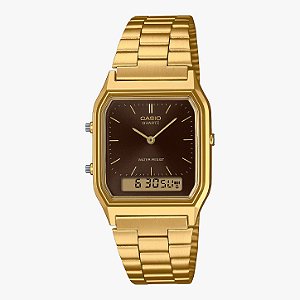 Relógio Casio Dourado Vintage Unissex AQ-230GA-5AMQY Fundo Marrom