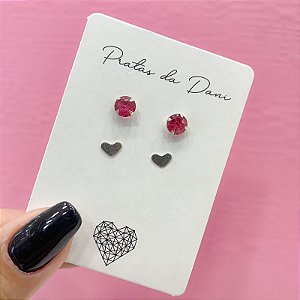 Mix Brincos Coração e Zircônia Rosa em Prata