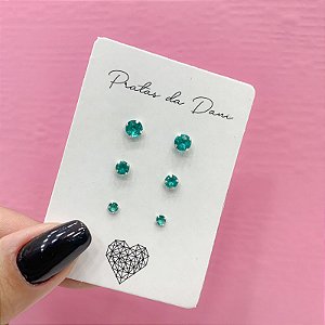 Mix de Brincos de Zircônia Cor Verde Água em Prata