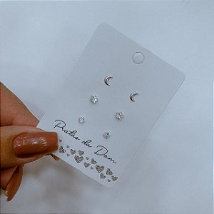Mix de Brincos Prata Lua, Estrela e Ponto de Luz em Zircônia