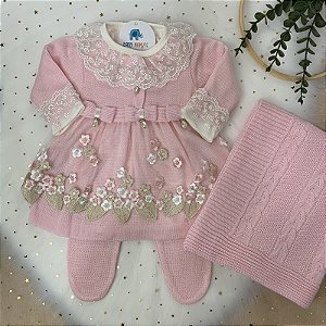 Saída De Maternidade Luxo Renda Floral - 3 Peças