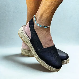 Espadrille Plataforma Feminina em Couro Preto com Juta Natural Confortável