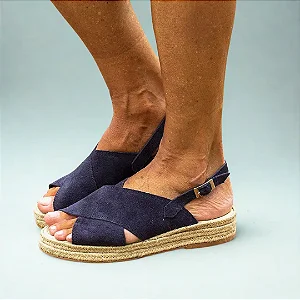 Sandália Plataforma em Couro Camurça Azul Marinho Feminina
