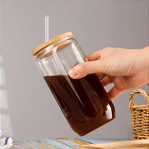 Kit 20 Copo Lata 500ml Com Tampa Bambu E Canudo Vidro Suco Drinks