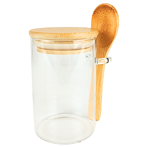 Pote Saleiro Açucareiro de Vidro Com Colher e Tampa Bambu Z