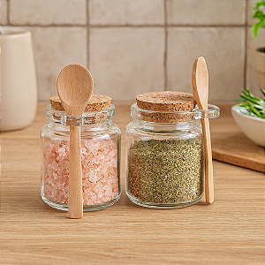 Kit 2 Potes de Vidro com Colher de Bambu e Tampa de Rolha – Organização e Estilo Natural para Temperos e Condimentos