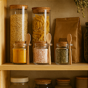 Kit 3 Pote Vidro Colher Bambu Tampa Rolha Saleiro Tempero