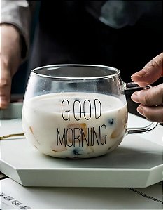 Caneca Good Morning Copo Vidro Para Café Chá 400ml Preto