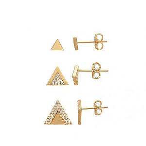 Kit Três Brincos Triângulo - Folheado A Ouro