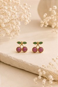 Brinco Cereja Cravejada Pink