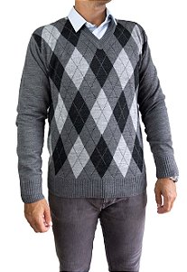 Blusa Suéter de Frio Trico Masculino Gola V Modelo Escocês