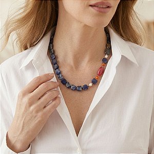 Colar de Sodalita com Pérolas Naturais, Cornalina e Jade – Equilíbrio e Clareza