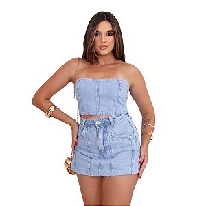 Conjunto Shorts Jeans E Cropped Tomara Que Caia