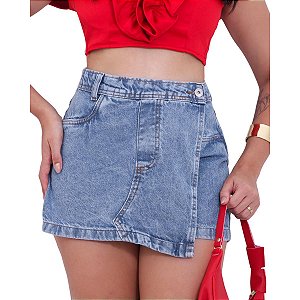Saia Shorts Assimetrico Com Bico Cintura Alta Jeans