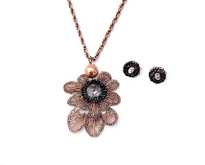 CONJUNTO COLAR PAVÃO CASTANHA DE CRISTAL TECIDO NO CROCHÊ EM METAL HELIANA LAGES