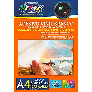 Adesivo Vinil branco 120g, formato A4, pct com 10 fls