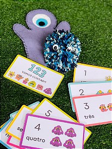 Kit Azul - 1 Fantoche, 1 Monstro de lã  azul e 1 Jogo Monstros