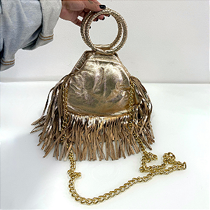 Bolsa Fortuna Bad Rocker - Couro Legítimo Dourado Metálico com Franjas