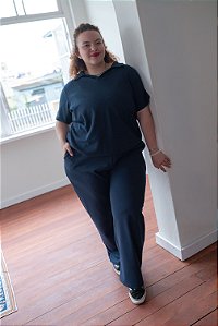 Calça Wide Leg Malha Texturizada Cor Azul Escuro - Plus Size