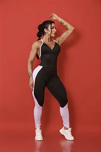 Macacão Fitness Suplex Ísis ( Preto com detalhe branco)