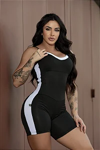 🖤 Macaquinho Fitness Elegancy - Preto com Detalhes Brancos