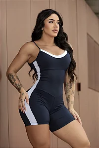 💙 Macaquinho Fitness Elegancy - Azul Marinho com Detalhes Brancos