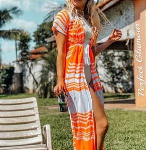 Saída Kimono Listras Coral e Branco