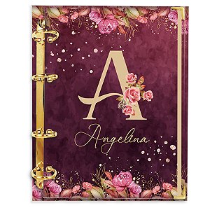 Fichário Agenda: Alfabeto Inicial do seu nome - Vinho Marsala/Dourado