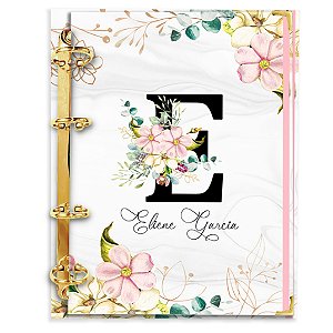 Fichário Agenda: Alfabeto Inicial do seu nome - Fundo Cinza Floral