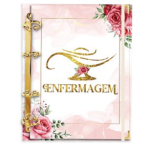 Fichário Agenda:  Profissão Enfermagem Enfemeira- Floral Dourado