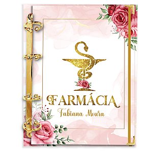 Fichário Agenda: Profissão Farmácia Rosa Flores Vermelhas