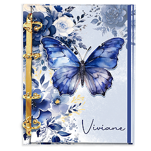 Agenda Fichário Personalizada Reposicionável:  BORBOLETA AZUL MARINHO