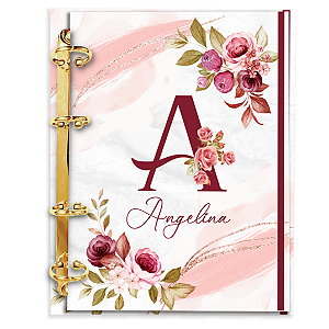 Agenda Fichário Personalizada Reposicionável:  Inicial do seu nome - Floral Rosa